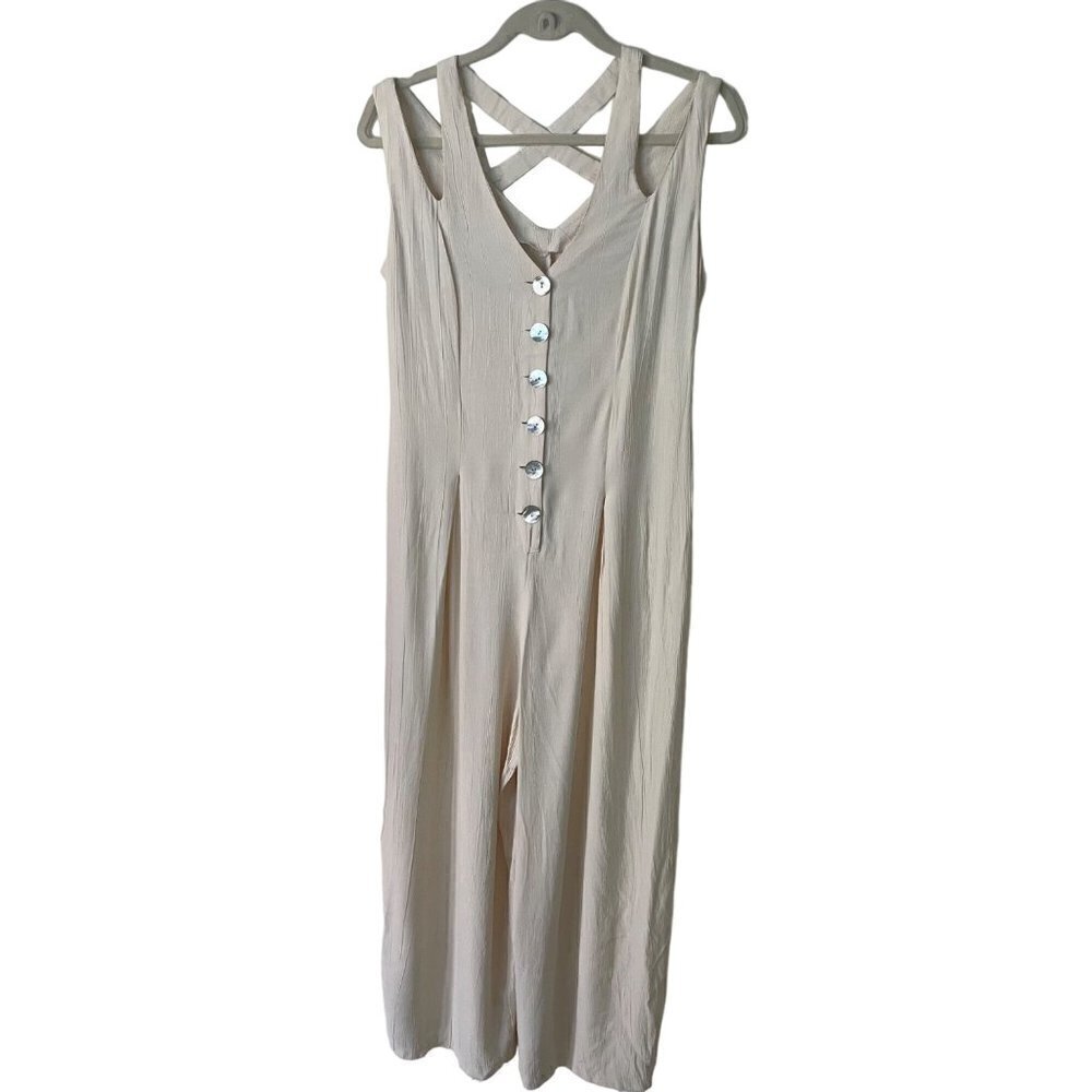 Mystic Vintage Womens Jumpsuit Size Large Cream Wide Leg Relaxed Fit Crinkled